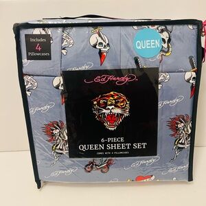Ed Hardy Blue 6 Piece Queen Size Sheet Set Motorcycles Skulls Love Kills Slowly